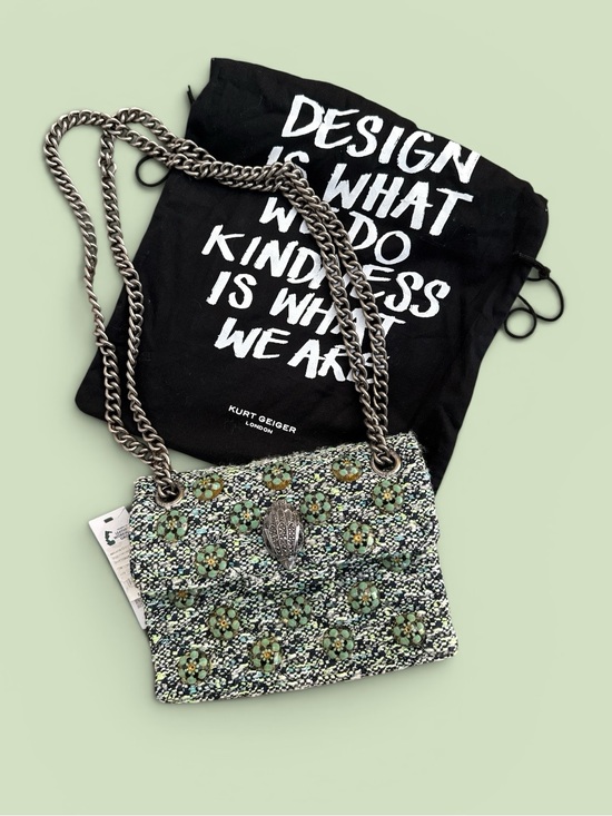Kurt Geiger Handbags - Kurt Geiger Green Floral Tweed Beaded Chain Shoulder Bag with Dusty